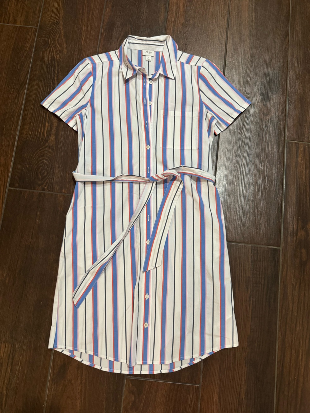 J. Crew White Short-Sleeve Button-Down Shirt Dress with Blue and Red Stripes